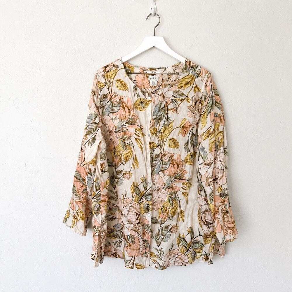 Nicole Miller New York Floral 100% Linen Blouse XXL Coastal Cottage Boho